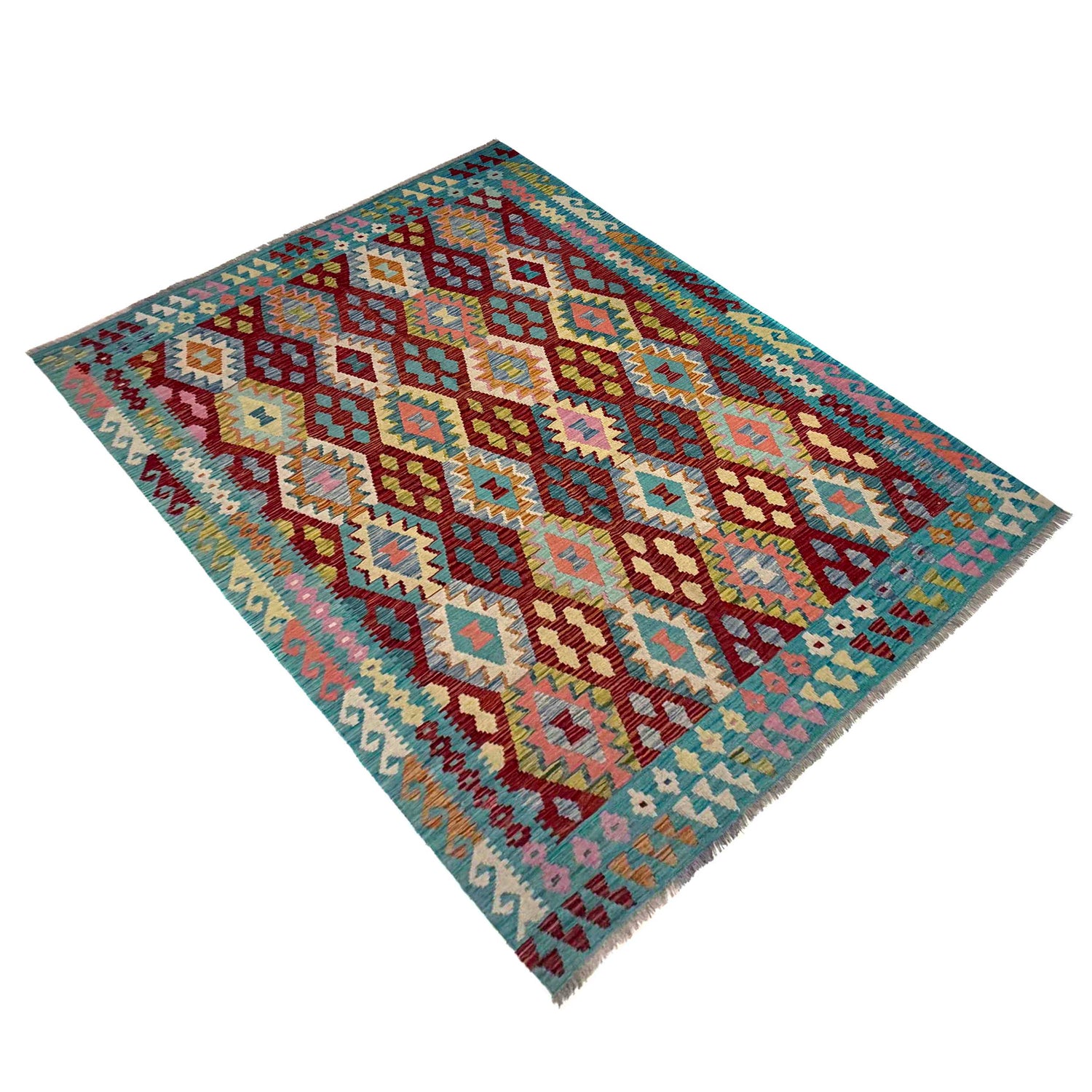 Hand-Knotted Multi Geometric Vegetable Kilim Area Rug – 5' 10" x 8' 0" ft (179 x 244 cm) | SKU: R39656