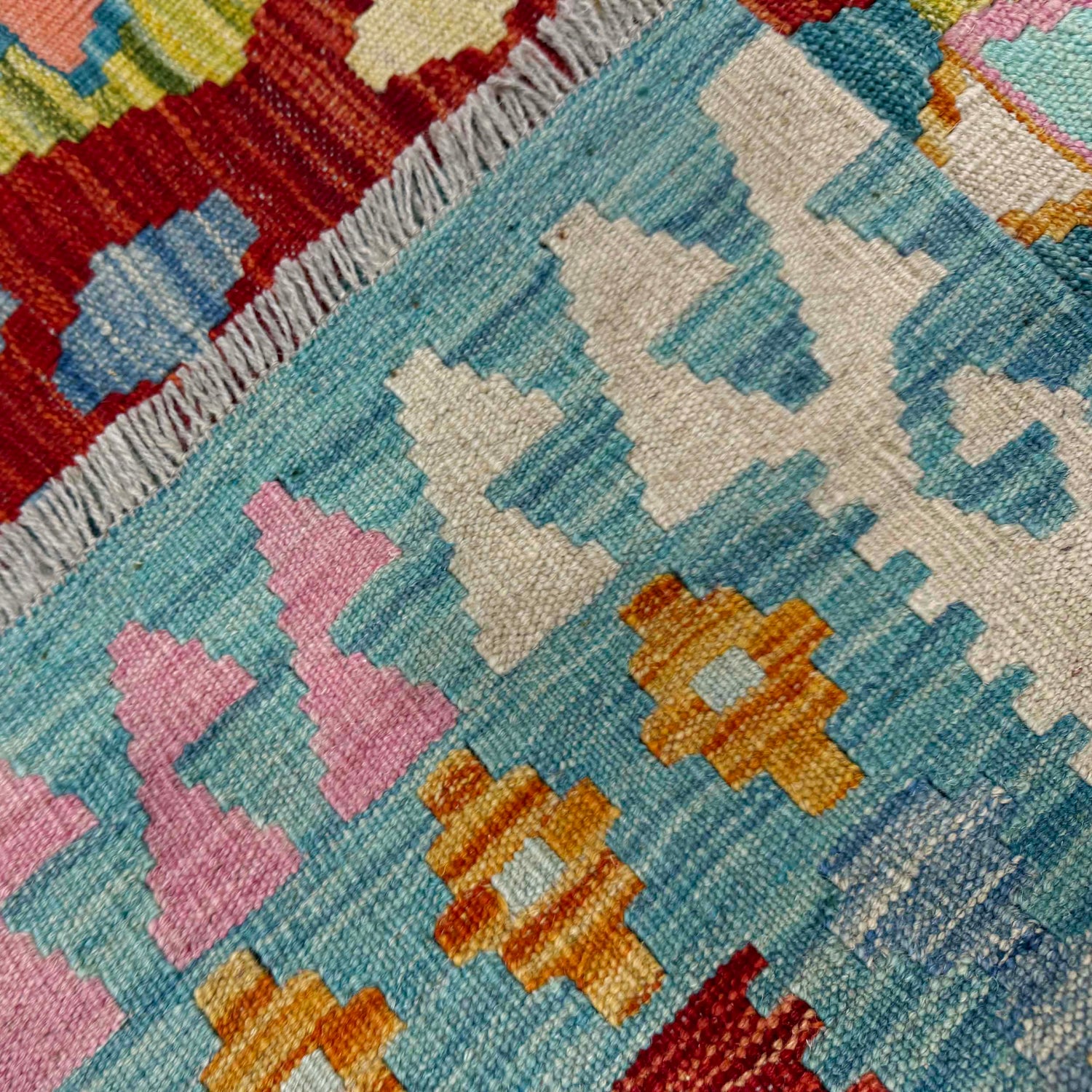 Hand-Knotted Multi Geometric Vegetable Kilim Area Rug – 5' 10" x 8' 0" ft (179 x 244 cm) | SKU: R39656