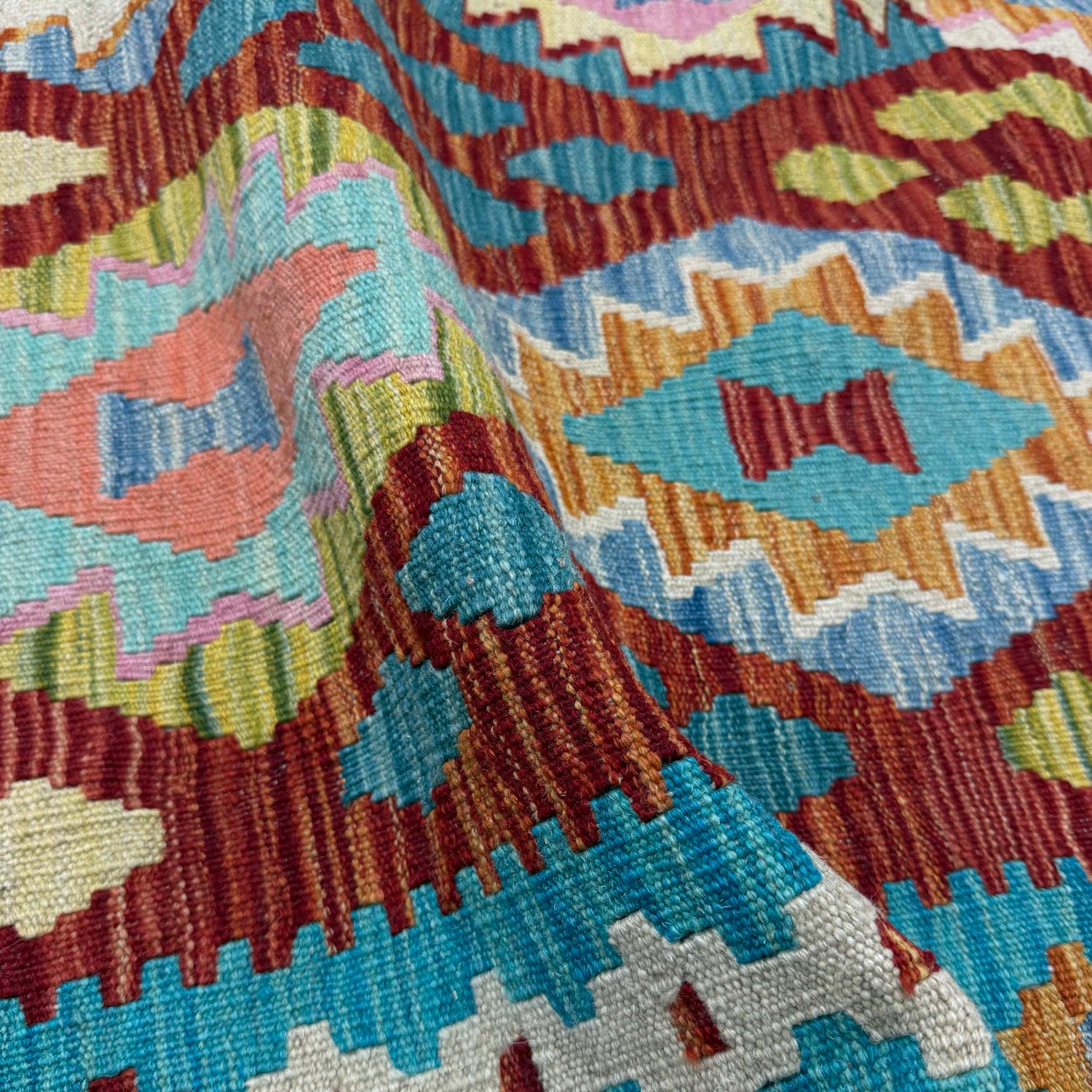 Hand-Knotted Multi Geometric Vegetable Kilim Area Rug – 5' 10" x 8' 0" ft (179 x 244 cm) | SKU: R39656