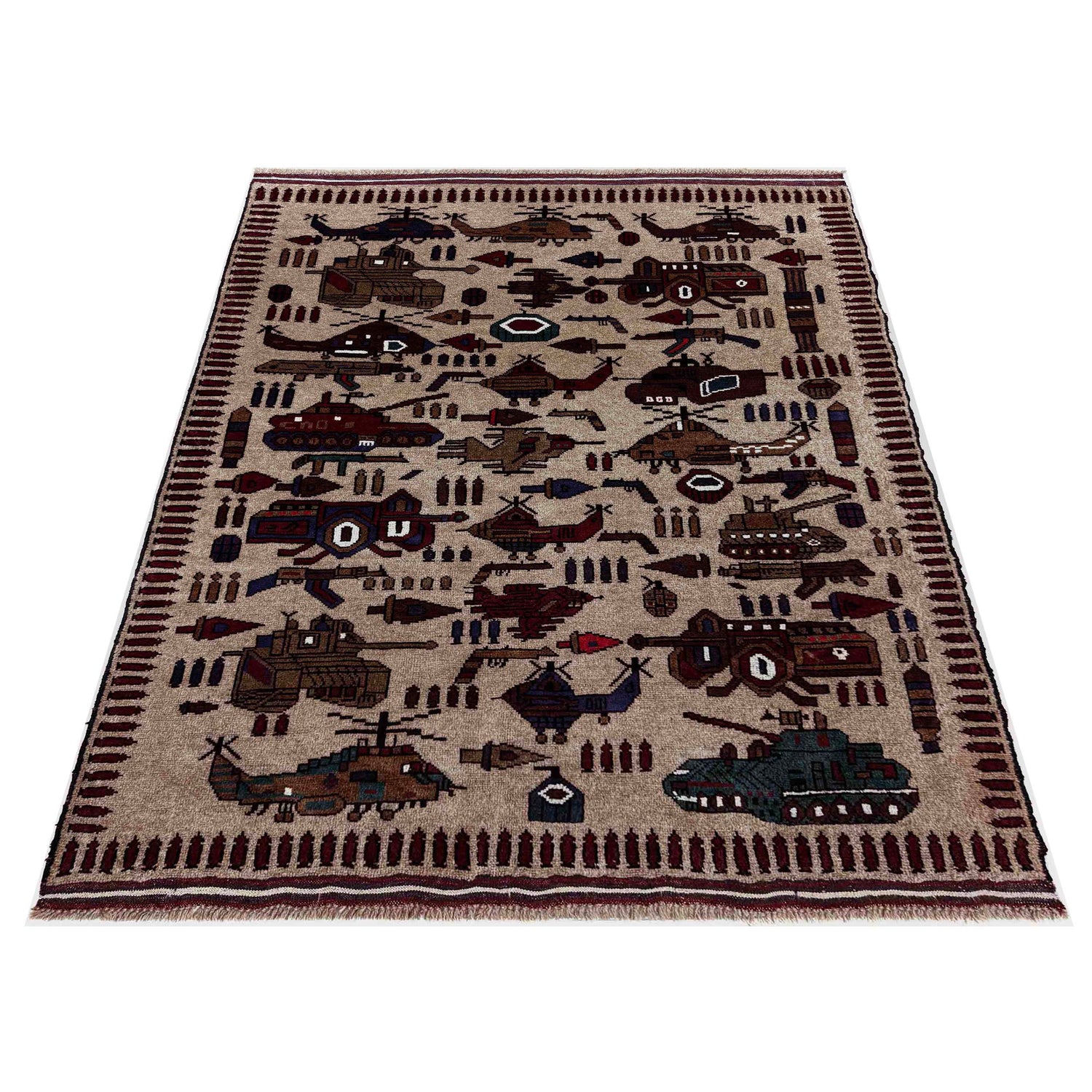 Hand-Knotted Brown Tank + Helicopter War Area Rug – 4' 4" x 5' 8" ft (132 x 173 cm) | SKU: R39754