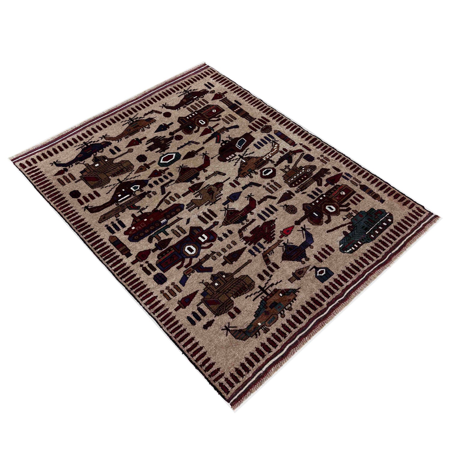 Hand-Knotted Brown Tank + Helicopter War Area Rug – 4' 4" x 5' 8" ft (132 x 173 cm) | SKU: R39754