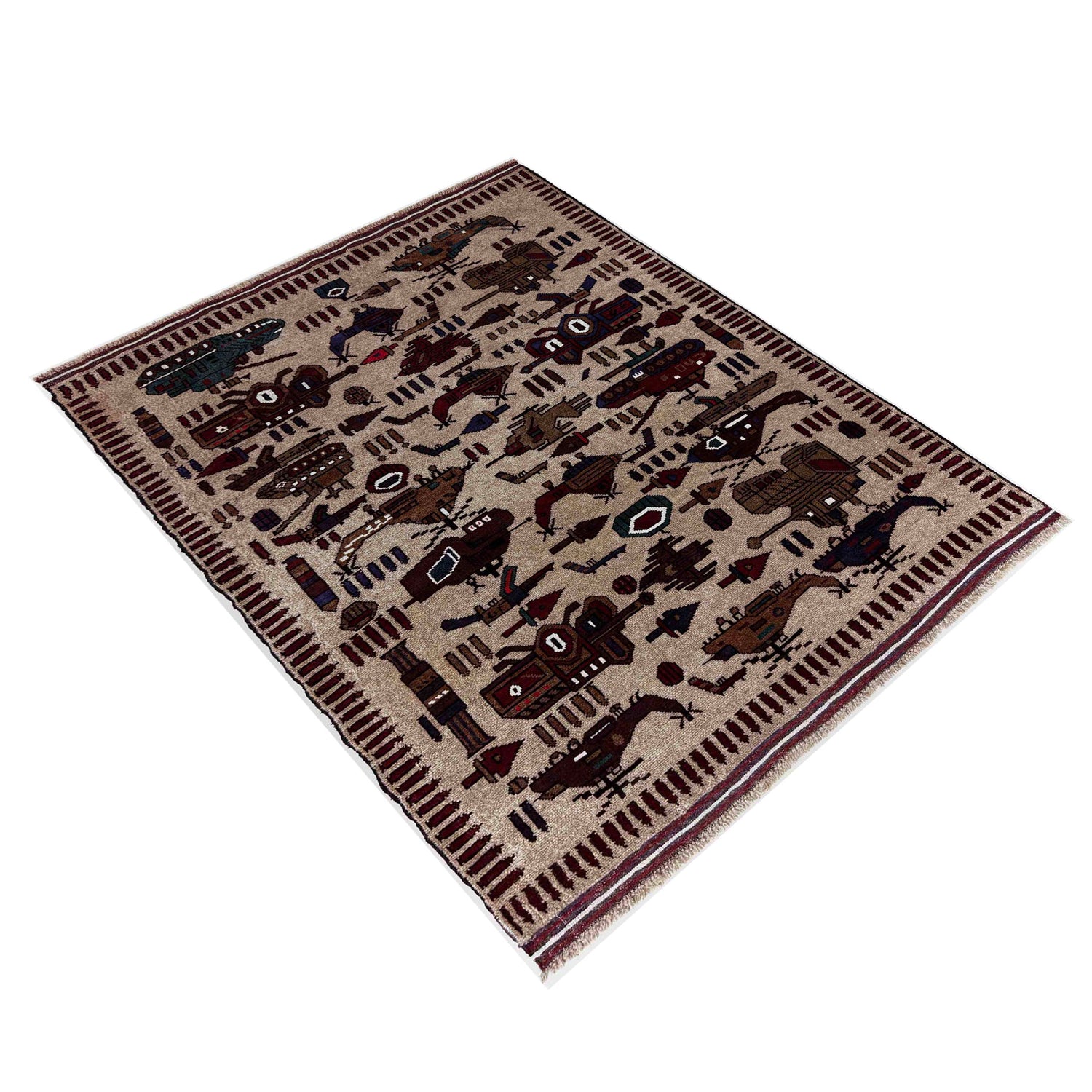 Hand-Knotted Brown Tank + Helicopter War Area Rug – 4' 4" x 5' 8" ft (132 x 173 cm) | SKU: R39754