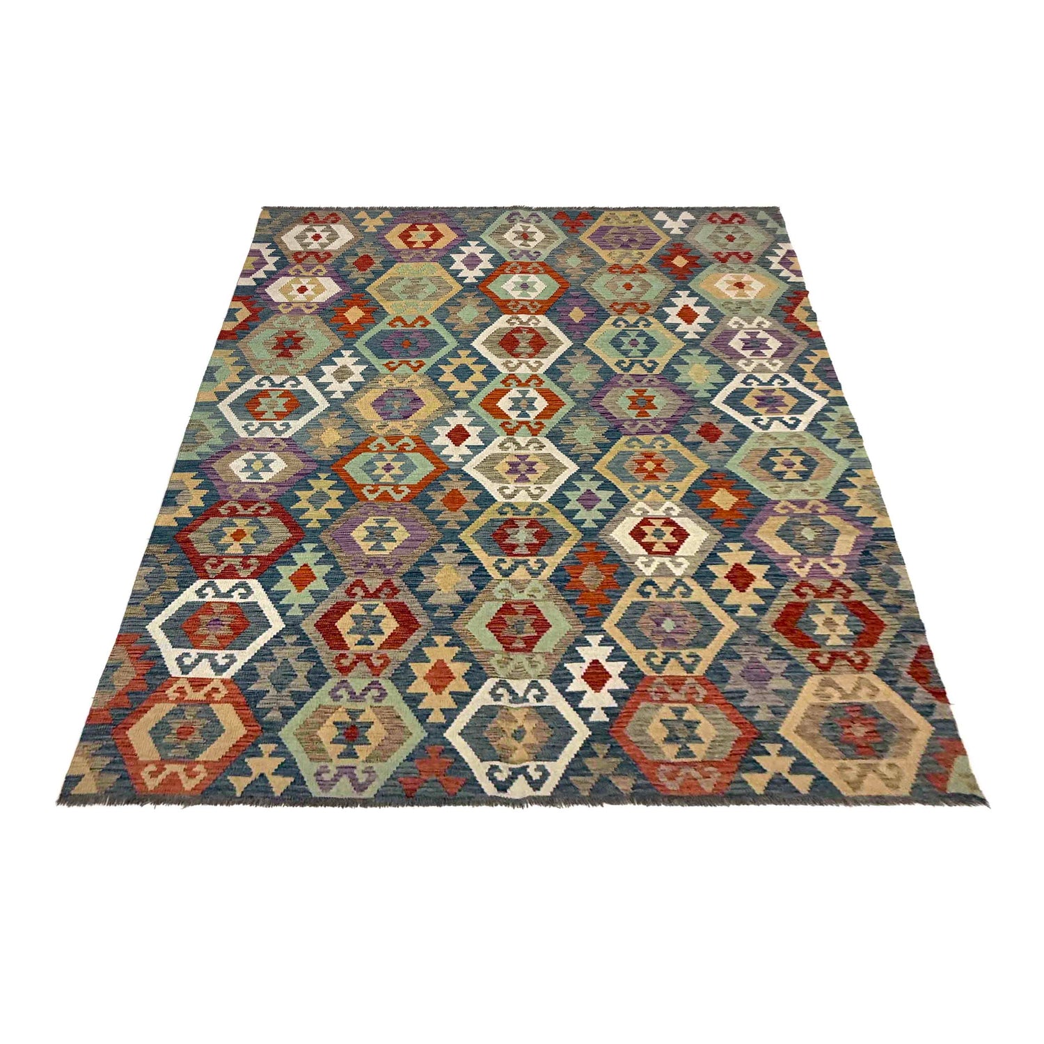 Hand-Knotted Multi Geometric Vegetable Kilim Area Rug – 6' 11" x 9' 7" ft (212 x 293 cm) | SKU: R39758
