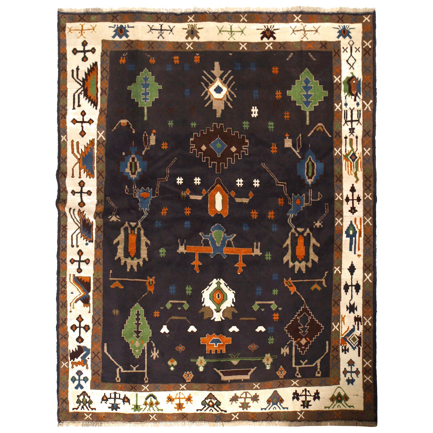 Oushak Area Rug Handmade Black Floral 6x9 ft