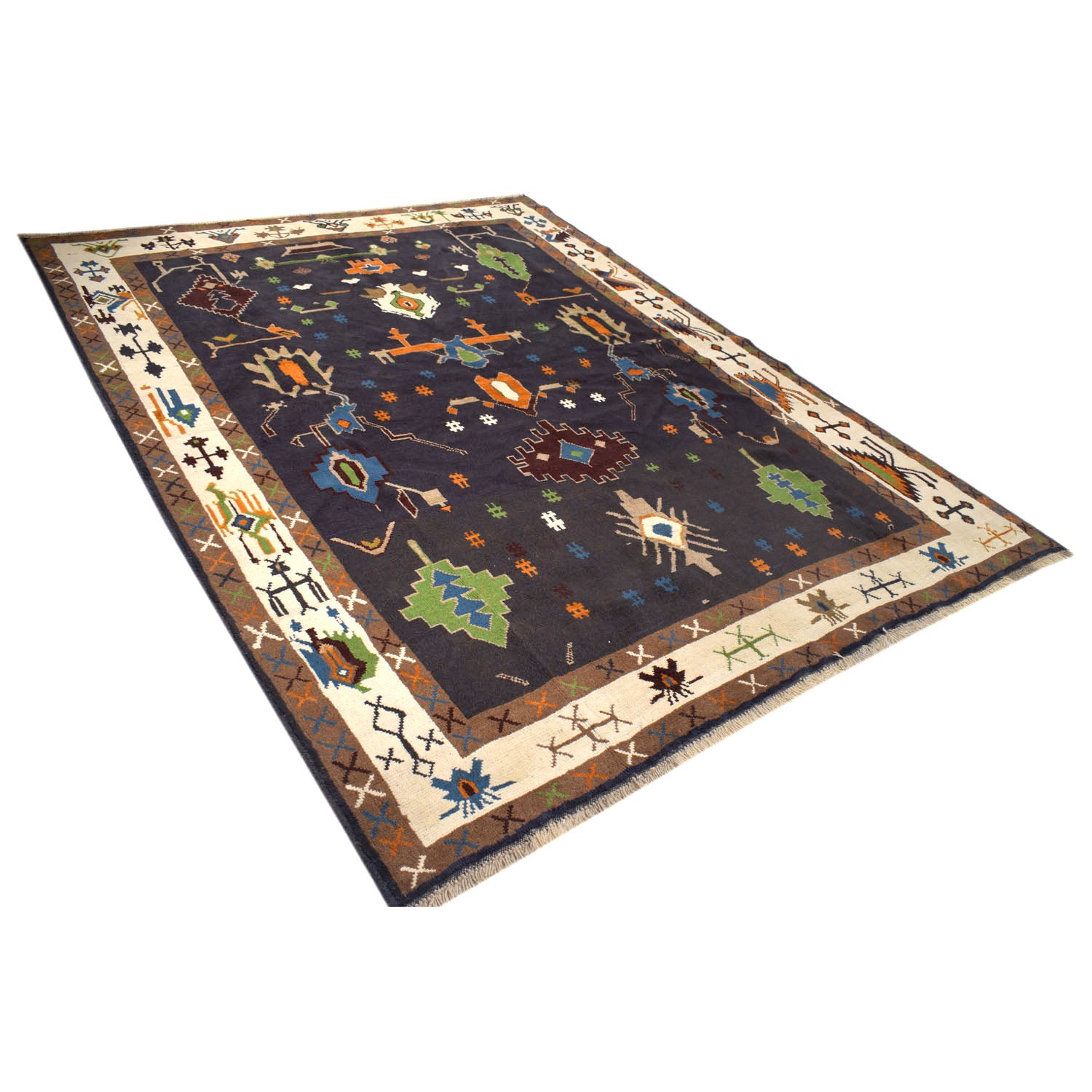 Oushak Area Rug Handmade Black Floral 6x9 ft