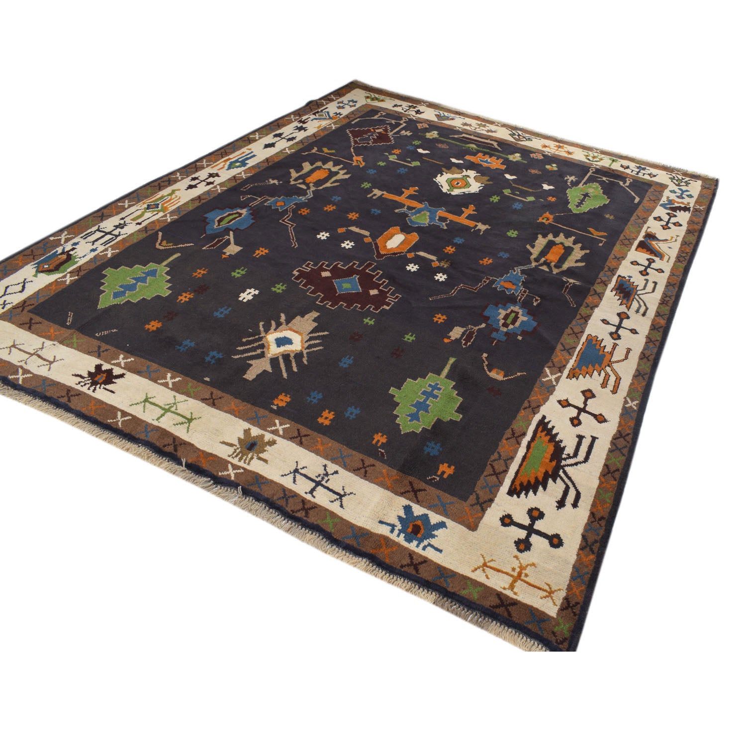 Oushak Area Rug Handmade Black Floral 6x9 ft