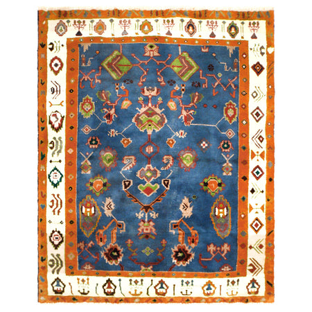 Oushak Area Rug Handmade Medium Denim Blue Floral 4x7 ft