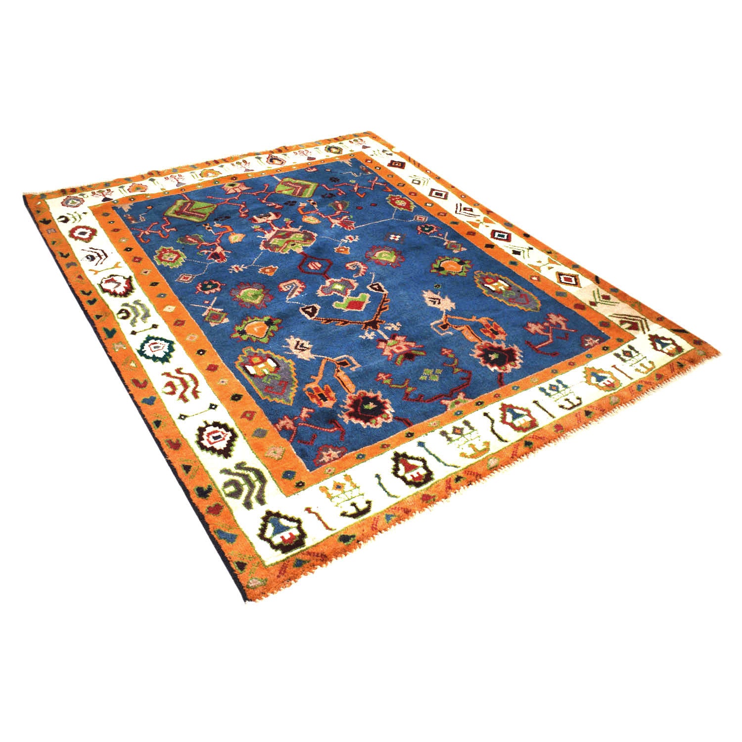 Oushak Area Rug Handmade Medium Denim Blue Floral 4x7 ft