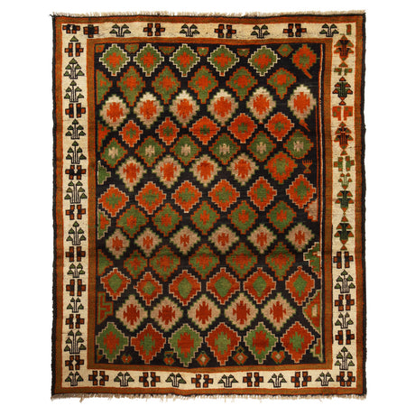 Kohistani Area Rug Handmade Black Geometric 5x6 ft