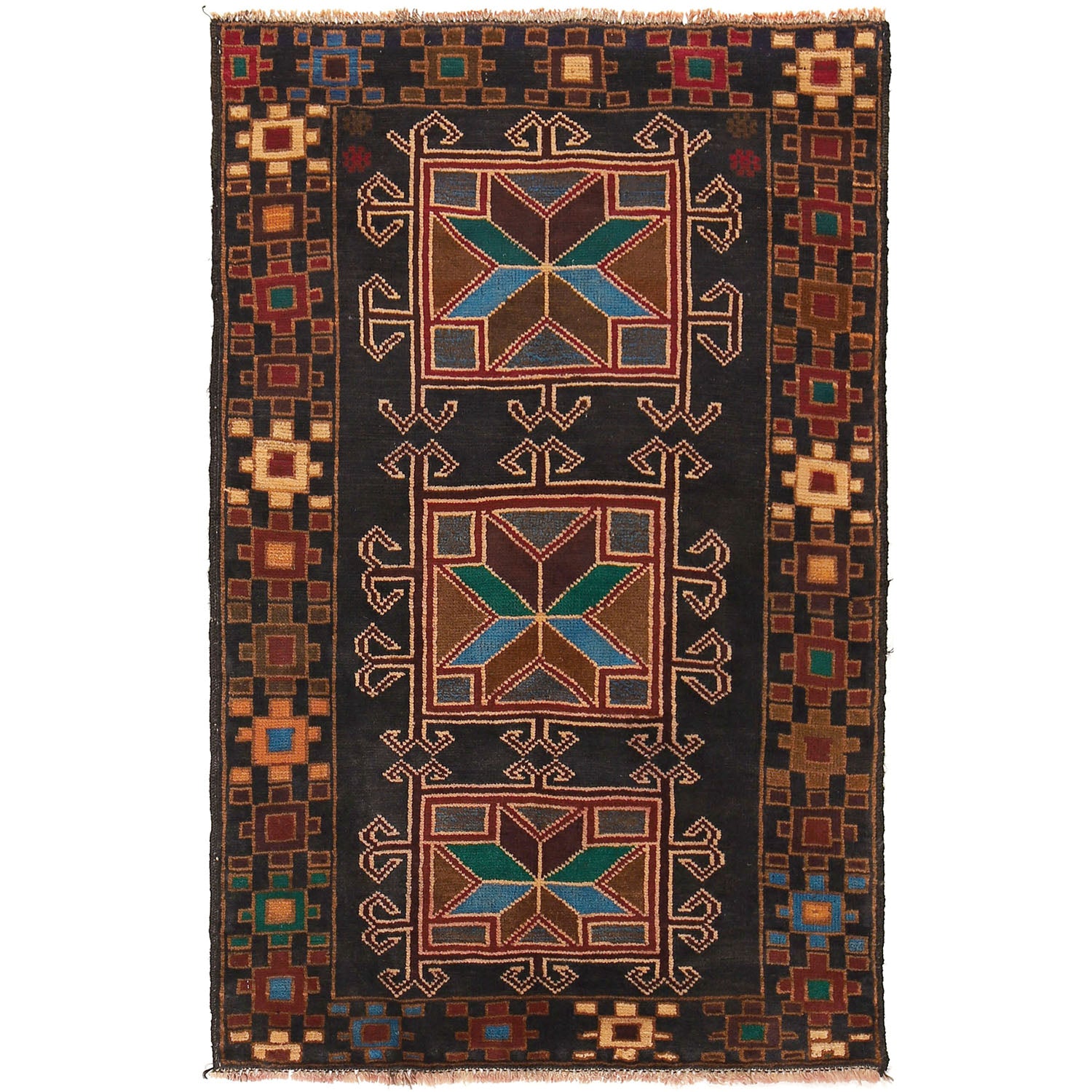 Baluchi Rug Handmade Black Floral 2x4 ft