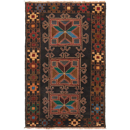 Baluchi Rug Handmade Black Floral 2x4 ft