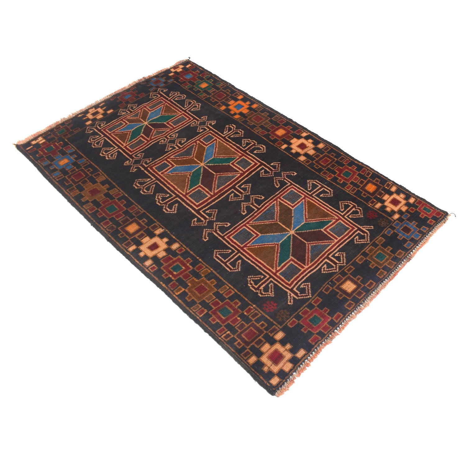 Baluchi Rug Handmade Black Floral 2x4 ft