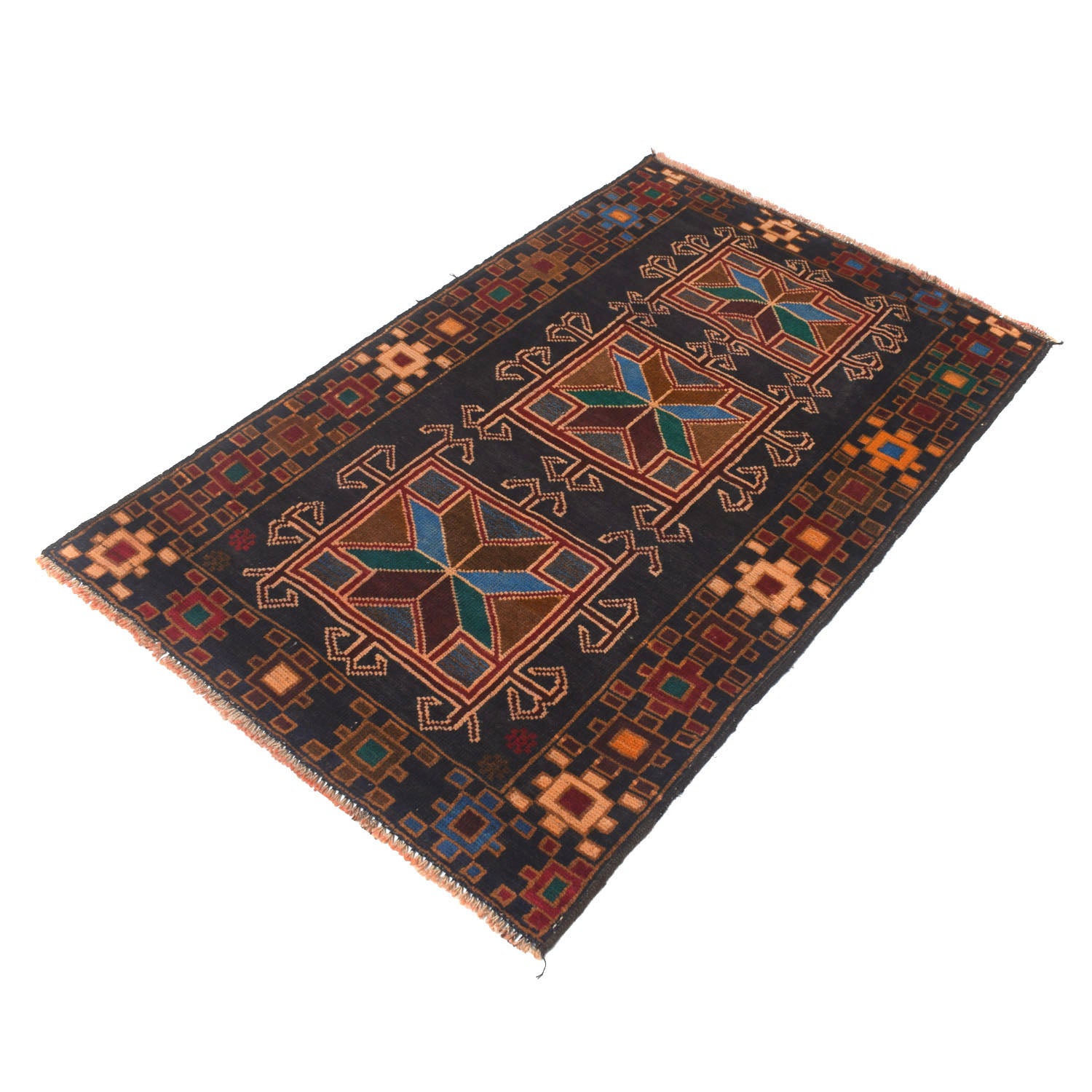 Baluchi Rug Handmade Black Floral 2x4 ft