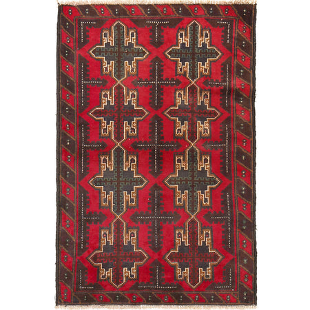 Baluchi Rug Handmade Red Geometric 3x5 ft