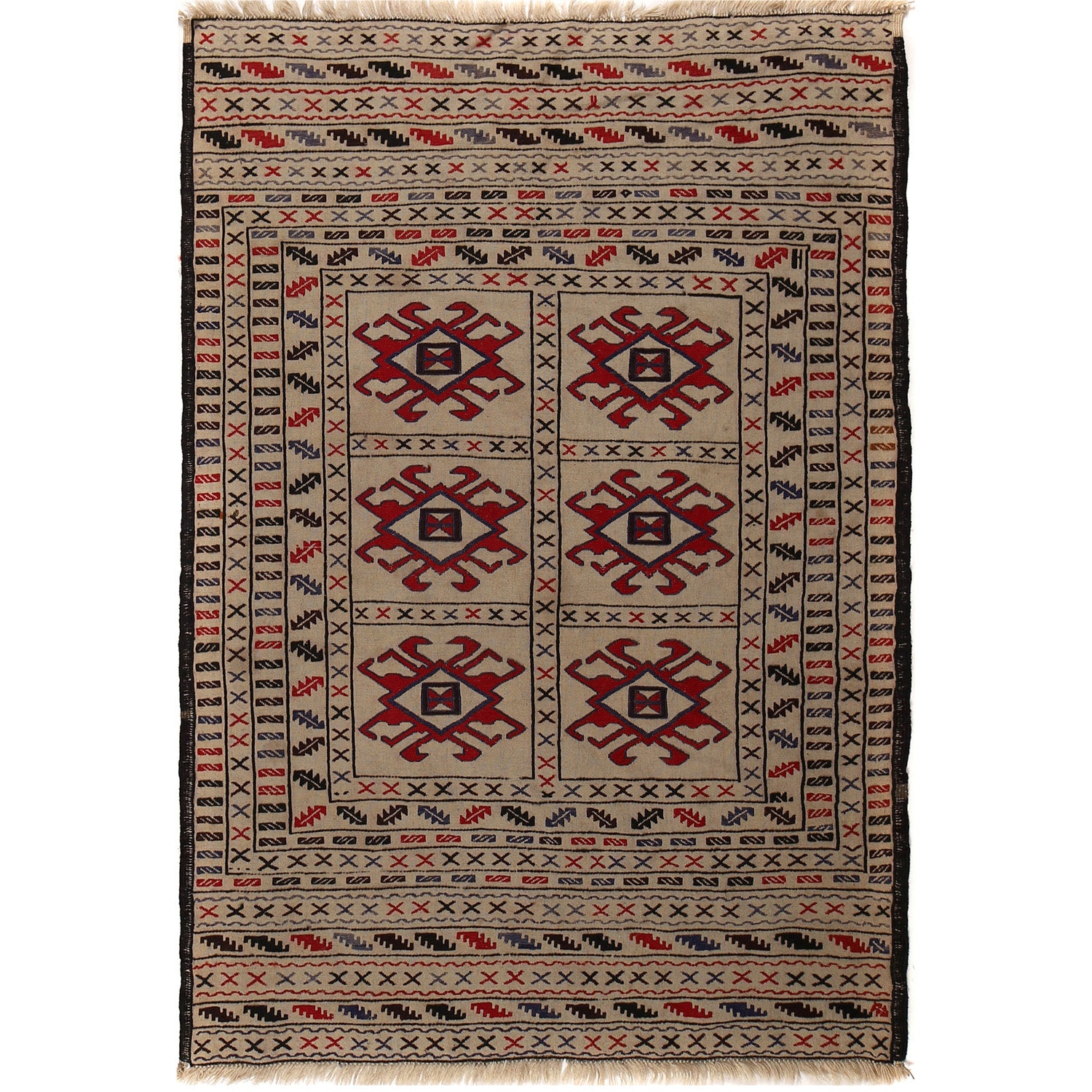 Soumak Kilim Area Rug Handmade White Floral 4x6 ft
