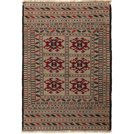Soumak Kilim Area Rug Handmade White Floral 4x6 ft