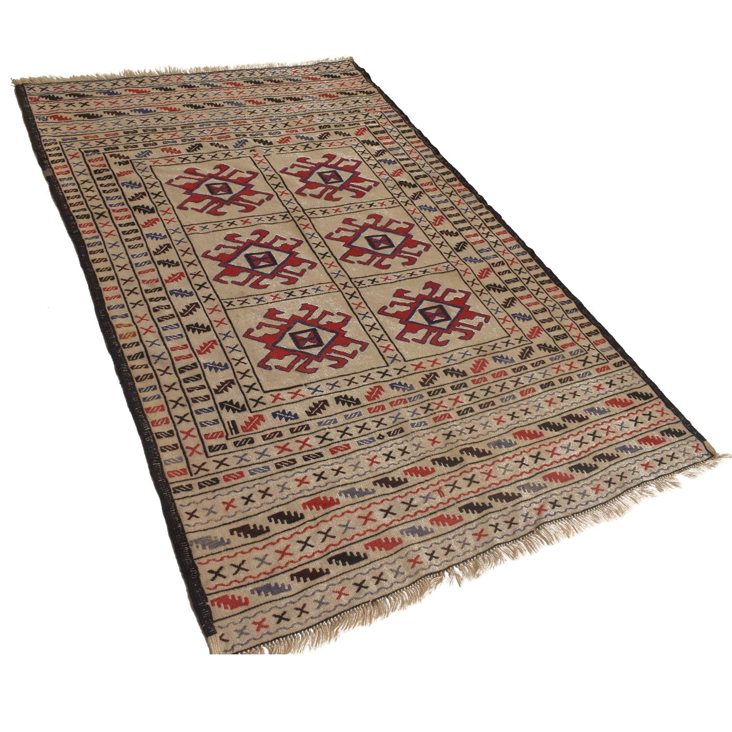Soumak Kilim Area Rug Handmade White Floral 4x6 ft
