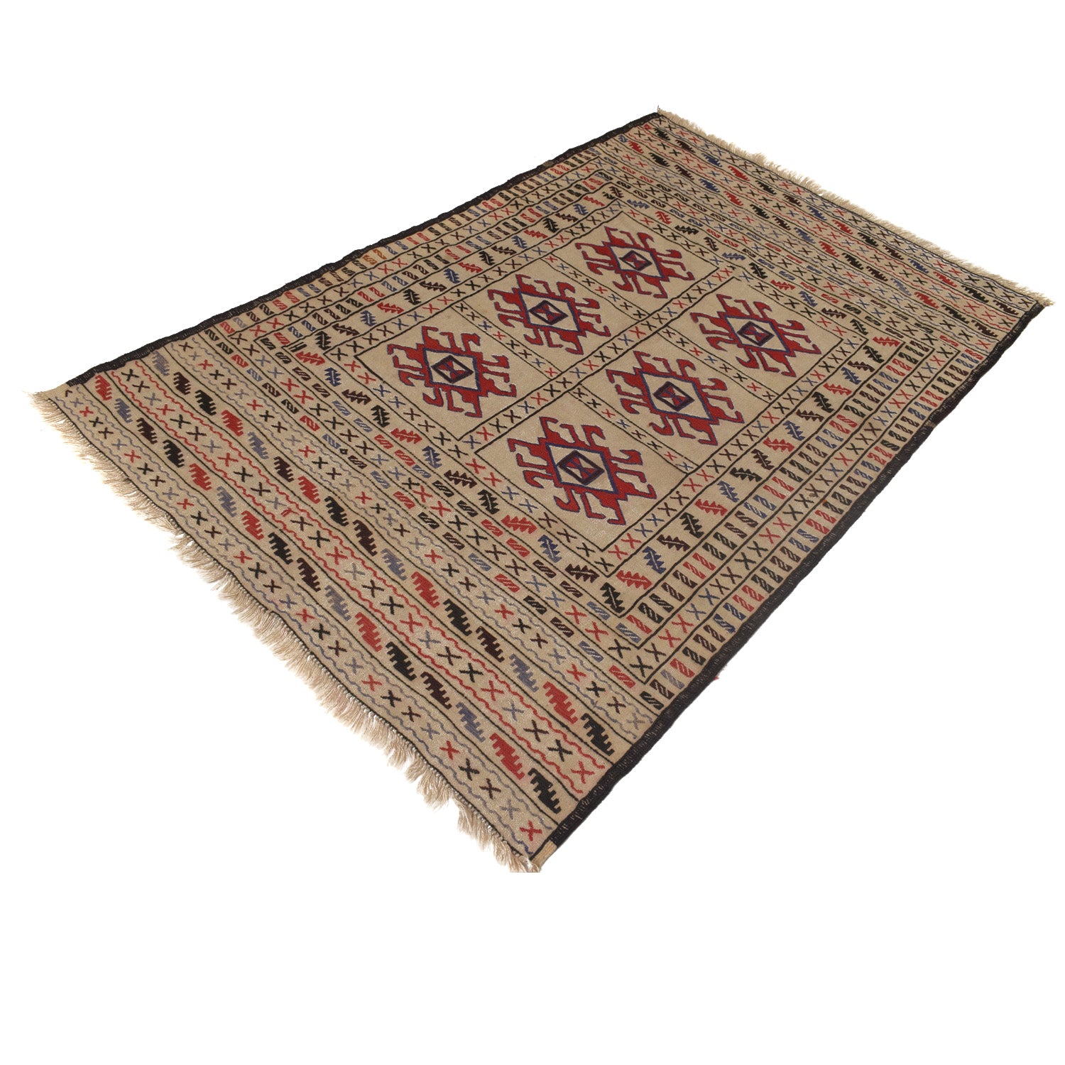 Soumak Kilim Area Rug Handmade White Floral 4x6 ft