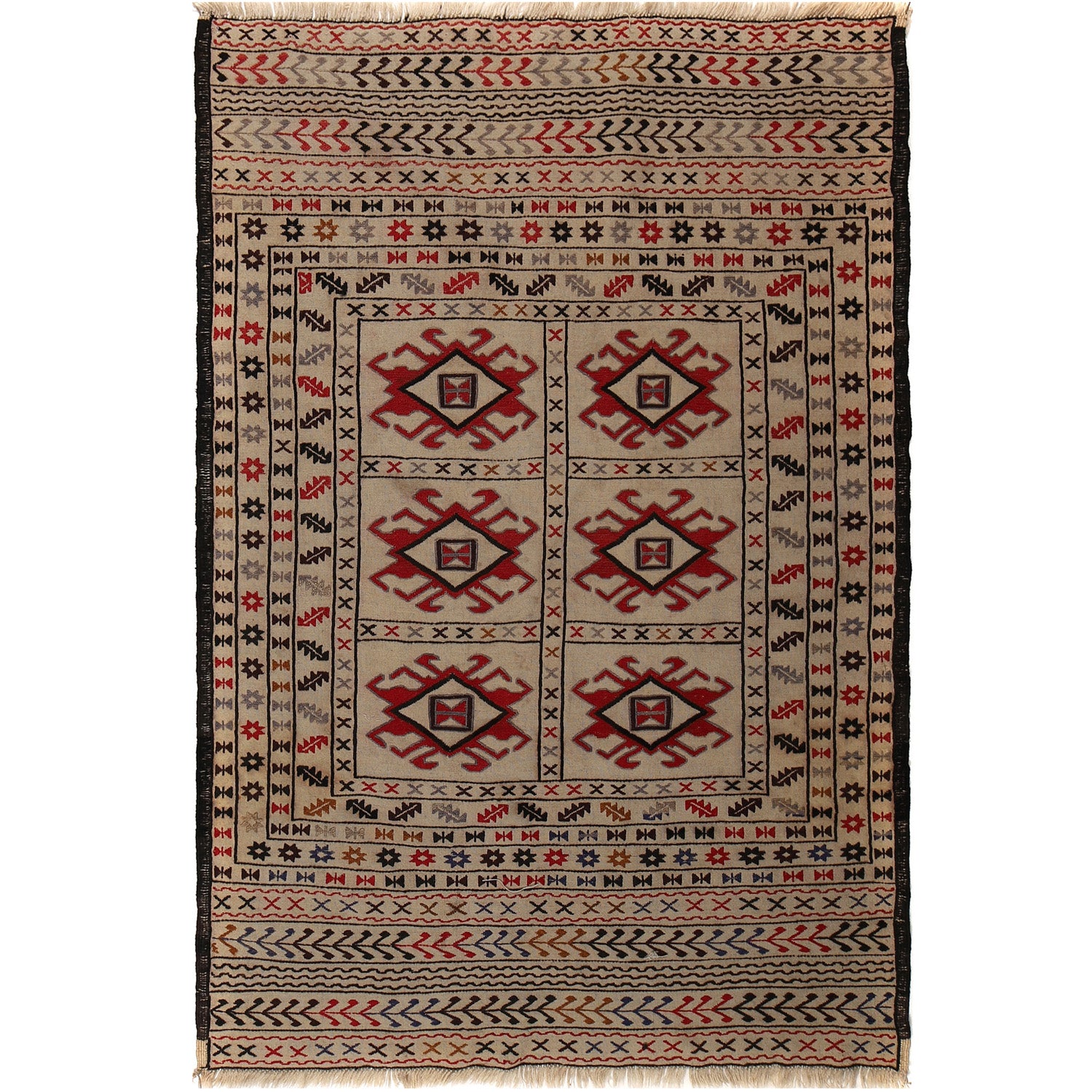 Soumak Kilim Area Rug Handmade White Floral 4x6 ft