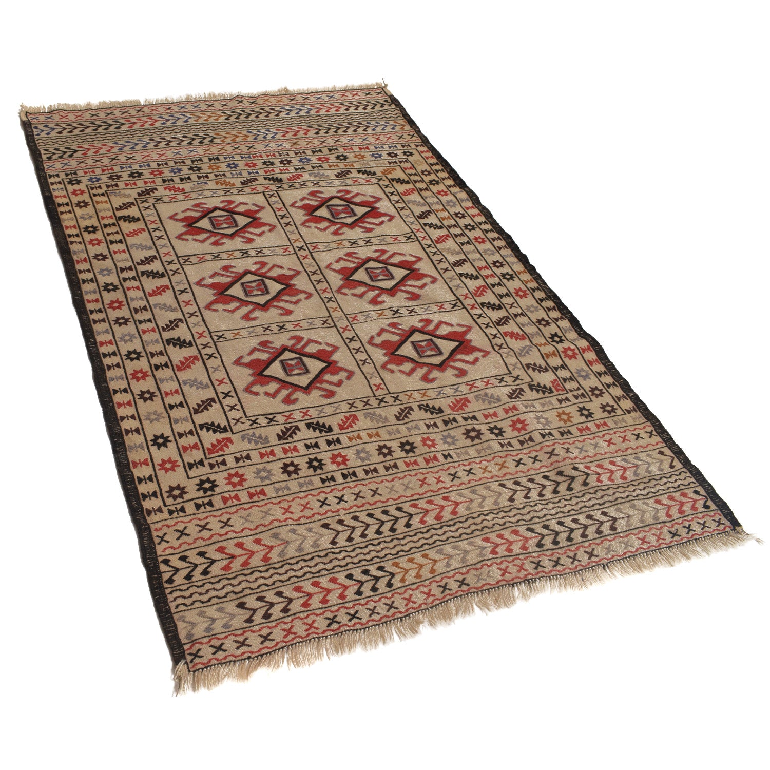 Soumak Kilim Area Rug Handmade White Floral 4x6 ft