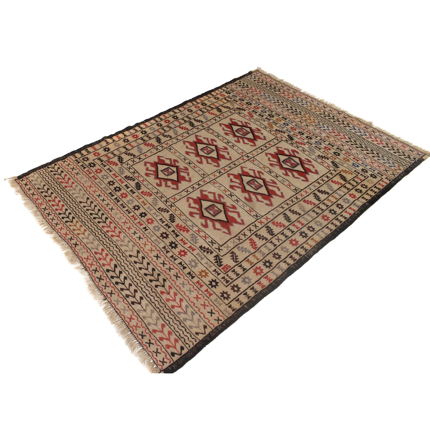 Soumak Kilim Area Rug Handmade White Floral 4x6 ft