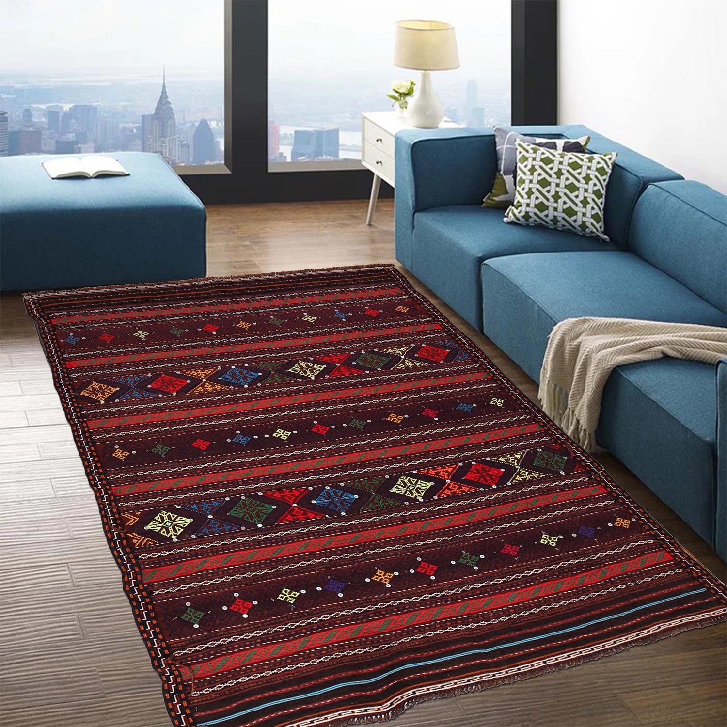 Laghari Kilim Area Rug Handmade Multi Geometric 4x7 ft