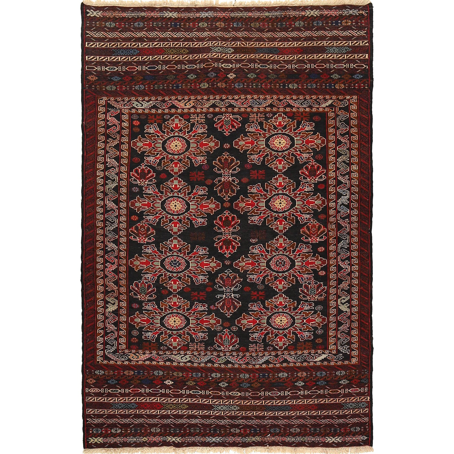 Maliki Kilim Area Rug Handmade Black Floral 4x6 ft