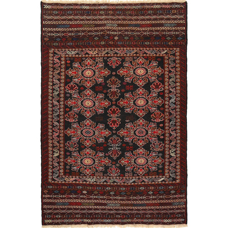 Maliki Kilim Area Rug Handmade Black Floral 4x6 ft