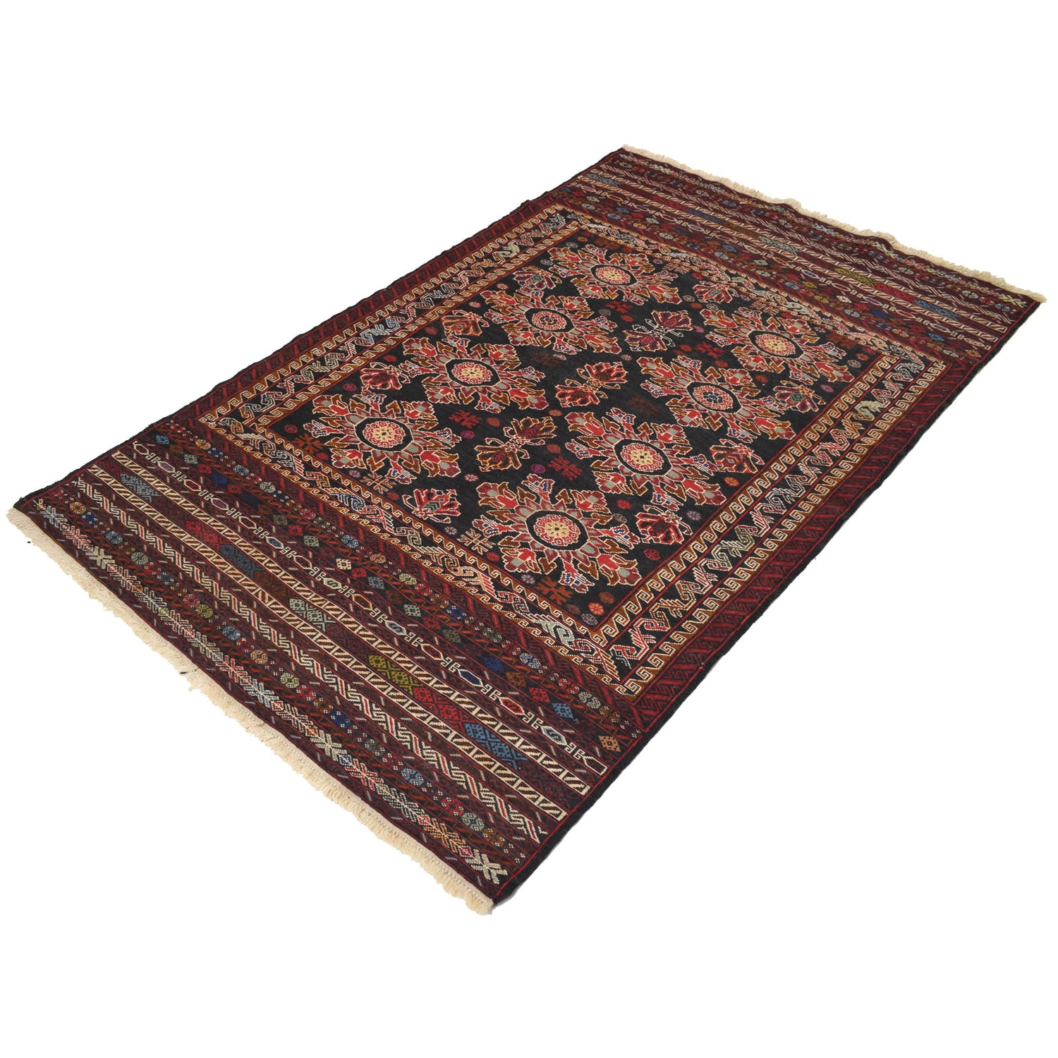 Maliki Kilim Area Rug Handmade Black Floral 4x6 ft