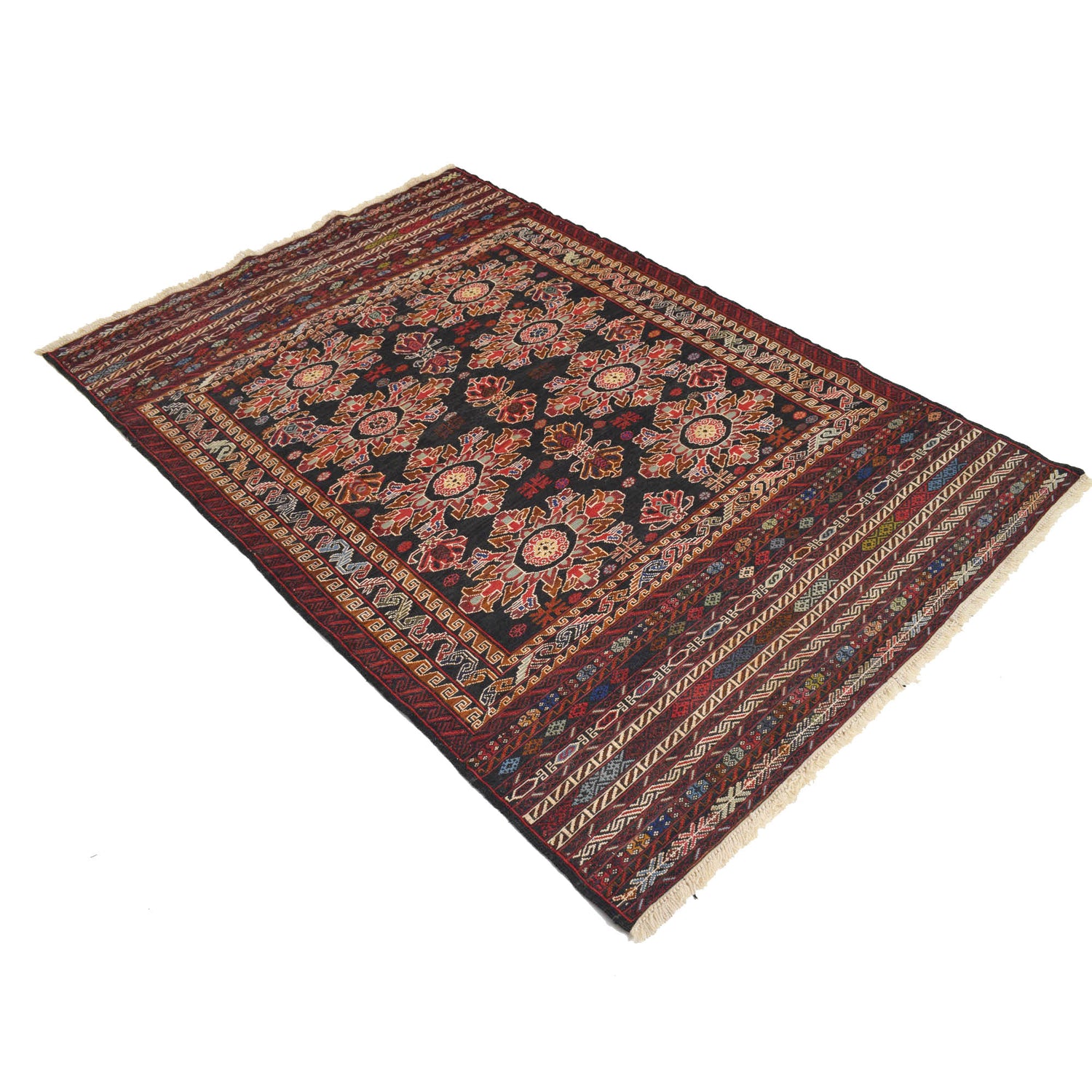 Maliki Kilim Area Rug Handmade Black Floral 4x6 ft