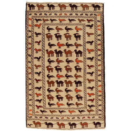 Soumak Kilim Area Rug Handmade White Pictorial 4x6 ft