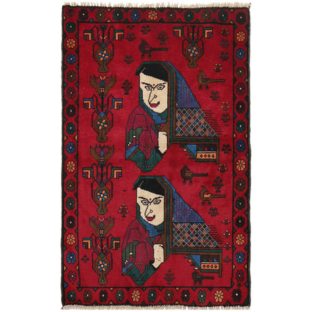 Pictorial Rug Handmade Red Design