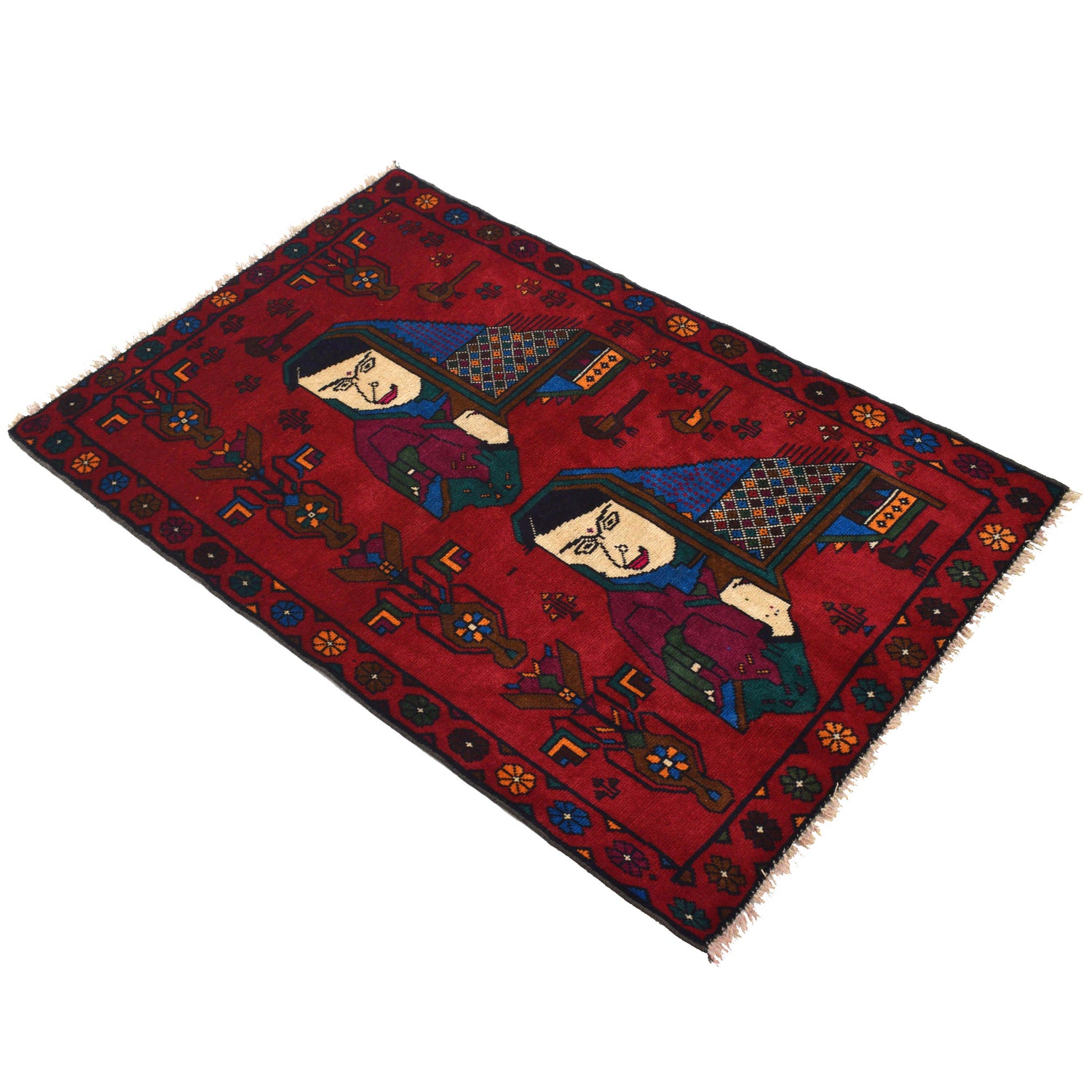Pictorial Rug Handmade Red Design