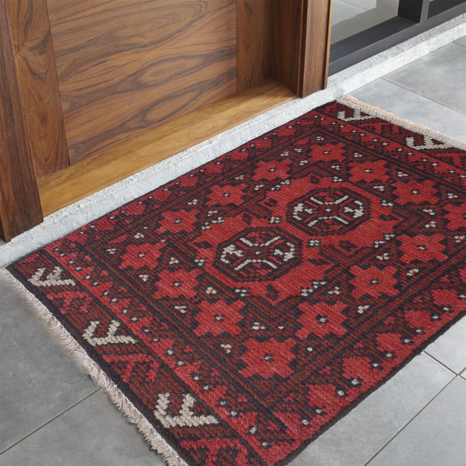 Handmade Wool Doormat Red Floral
