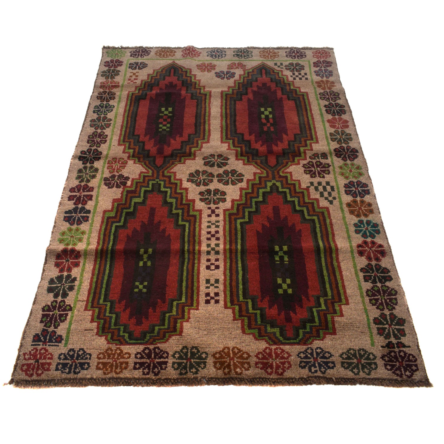Baluchi Rug Handmade Beige Floral 4x6 ft