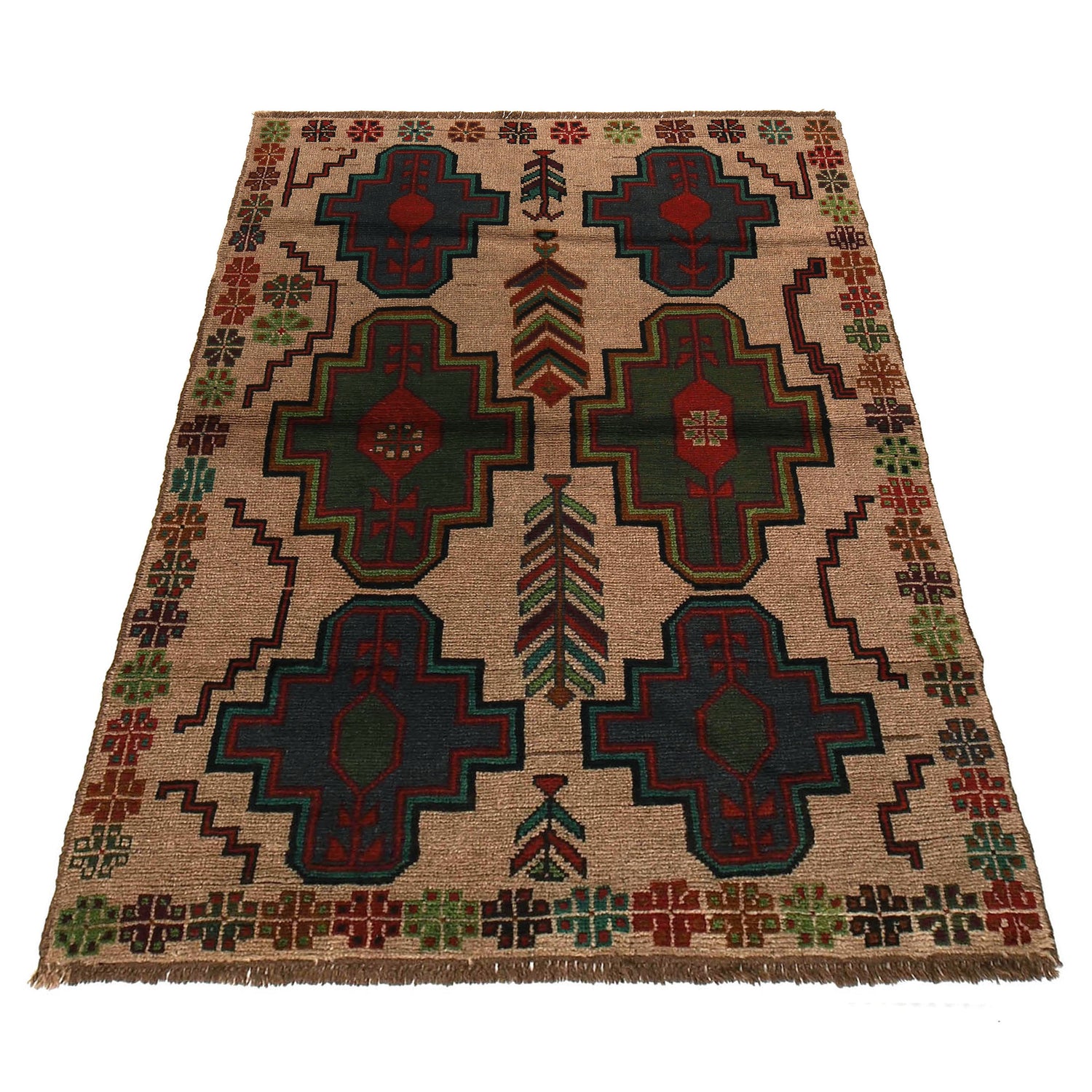 Baluchi Rug Handmade Tan Floral 4x6 ft