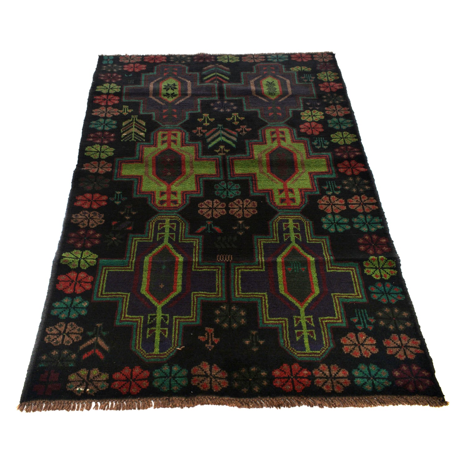 Baluchi Rug Handmade Black Floral 4x6 ft