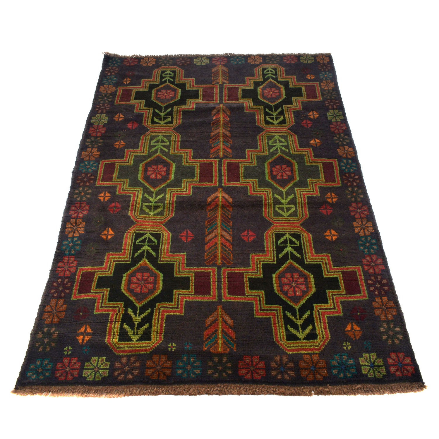 Baluchi Rug Handmade Black Geometric 4x6 ft