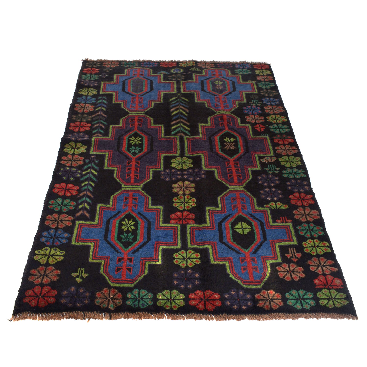 Baluchi Rug Handmade Black Geometric 4x6 ft