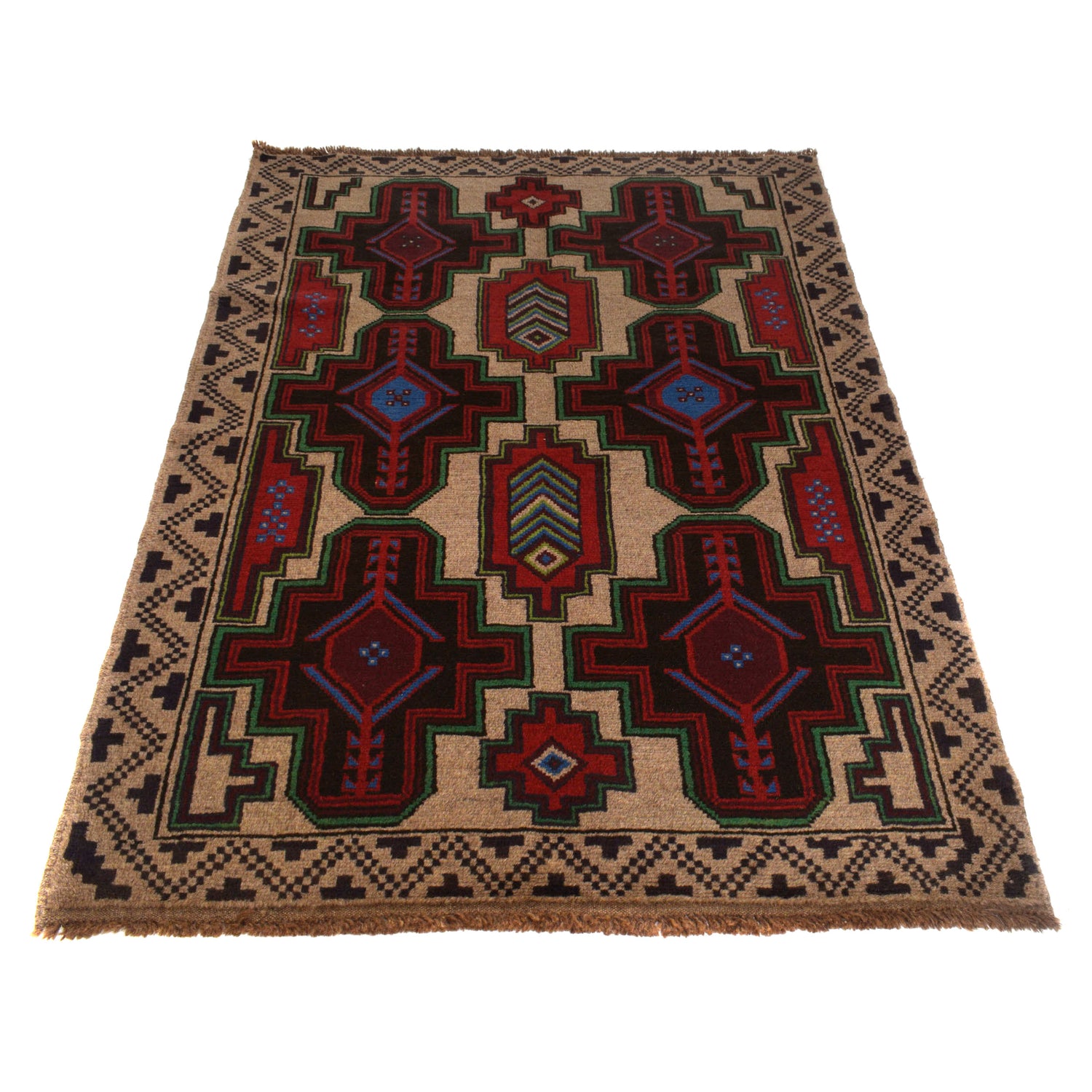 Baluchi Rug Handmade Tan Geometric 4x6 ft