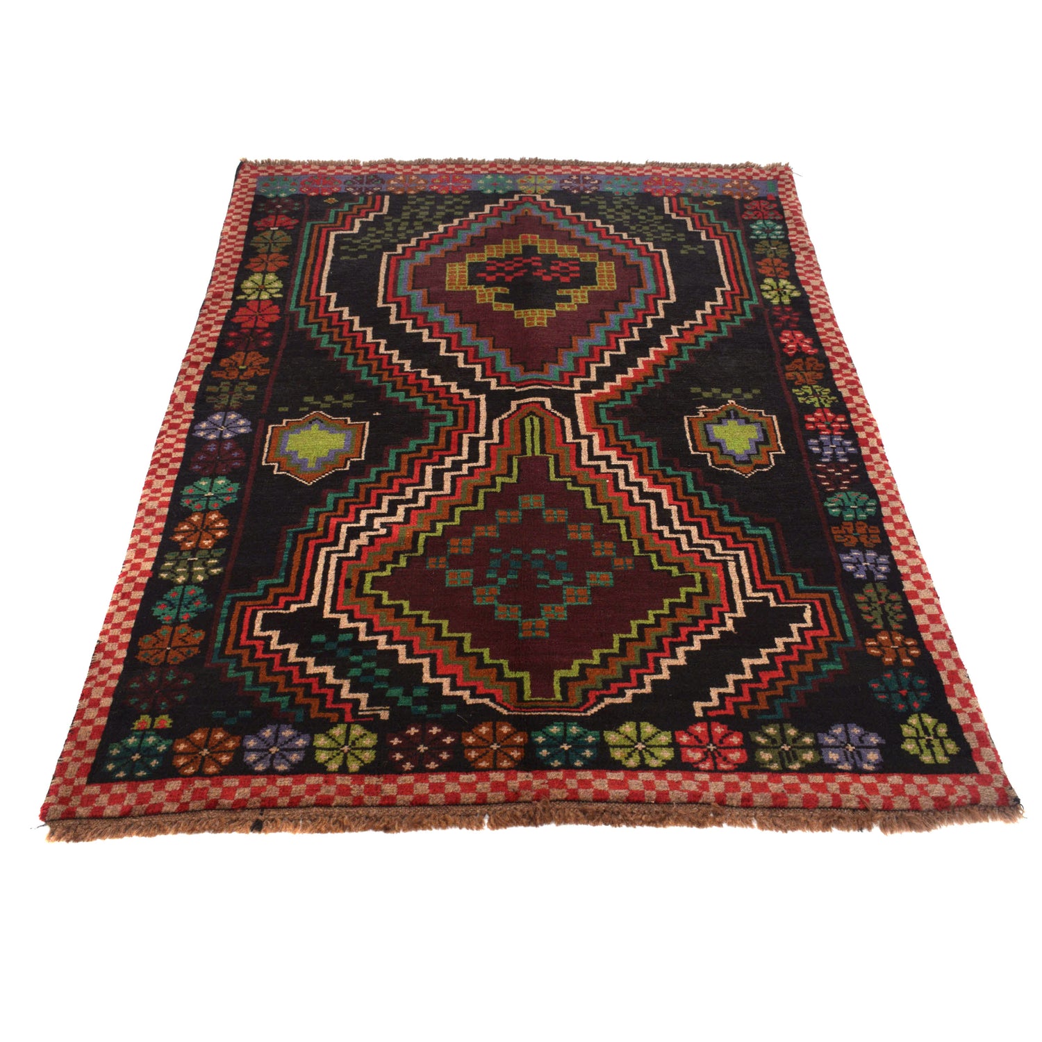 Baluchi Rug Handmade Black Geometric 4x6 ft
