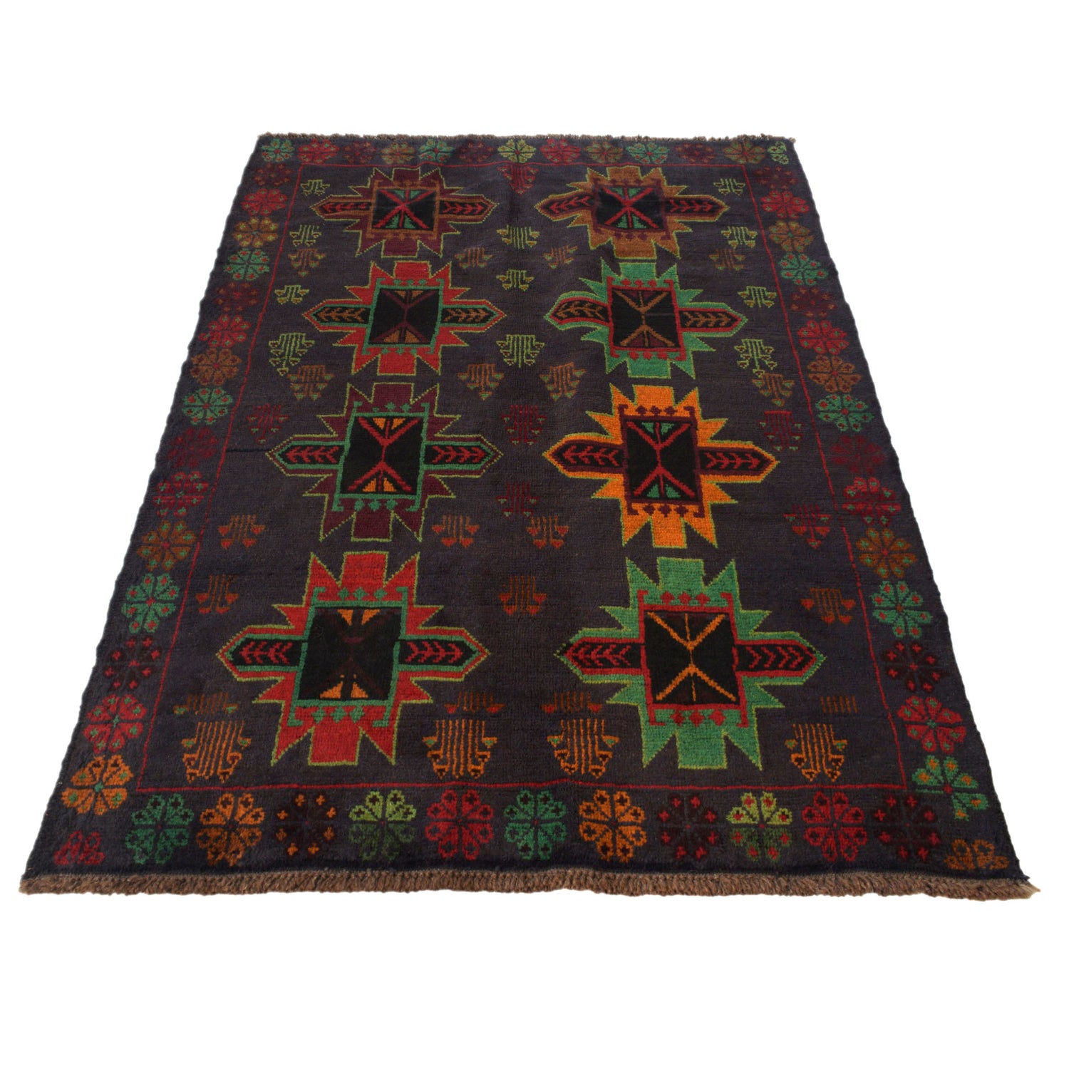 Baluchi Rug Handmade Black Geometric 4x6 ft