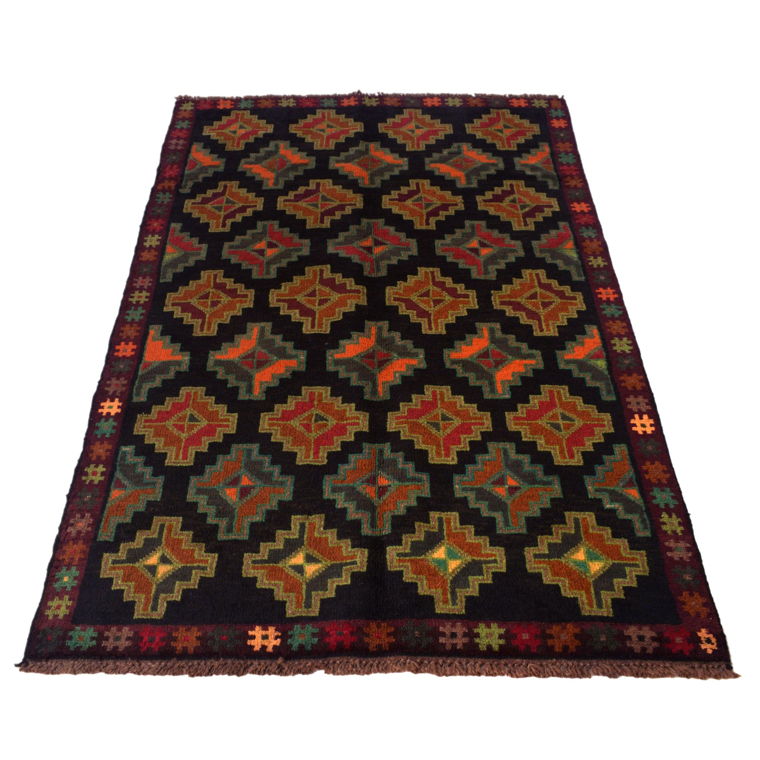 Baluchi Rug Handmade Black Geometric 4x6 ft
