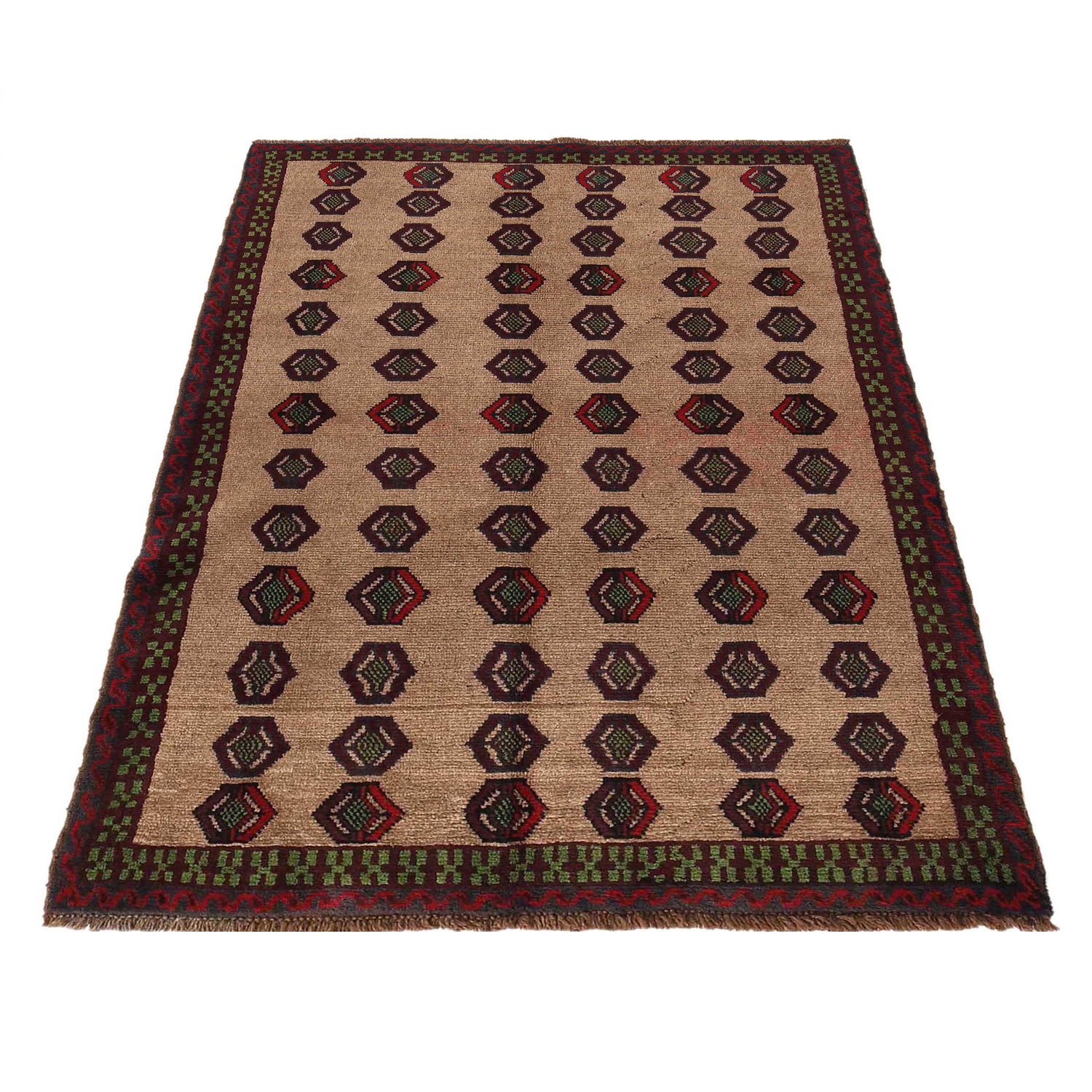 Baluchi Rug Handmade Tan Geometric 4x6 ft