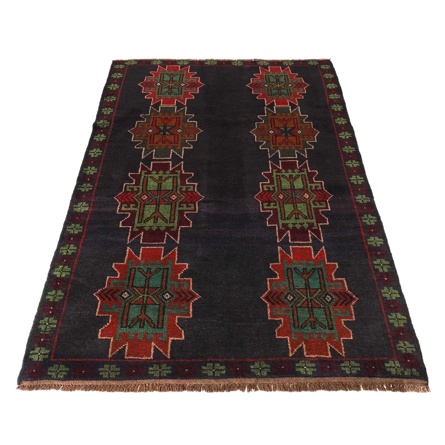 Baluchi Rug Handmade Dark Blue Geometric 4x6 ft