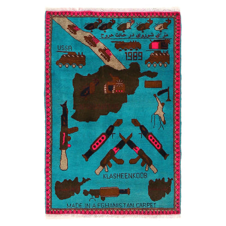 War Area Rug Handmade Blue Map + Rifle 2x4 ft