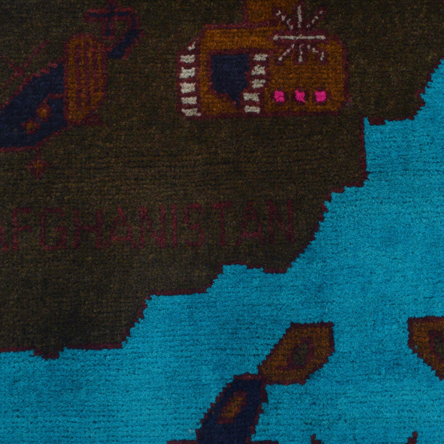 War Area Rug Handmade Blue Map + Rifle 2x4 ft