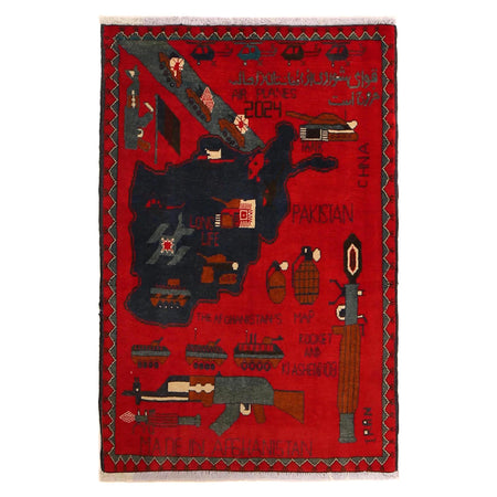 War Area Rug Handmade Red Riffle + Map 2x4 ft