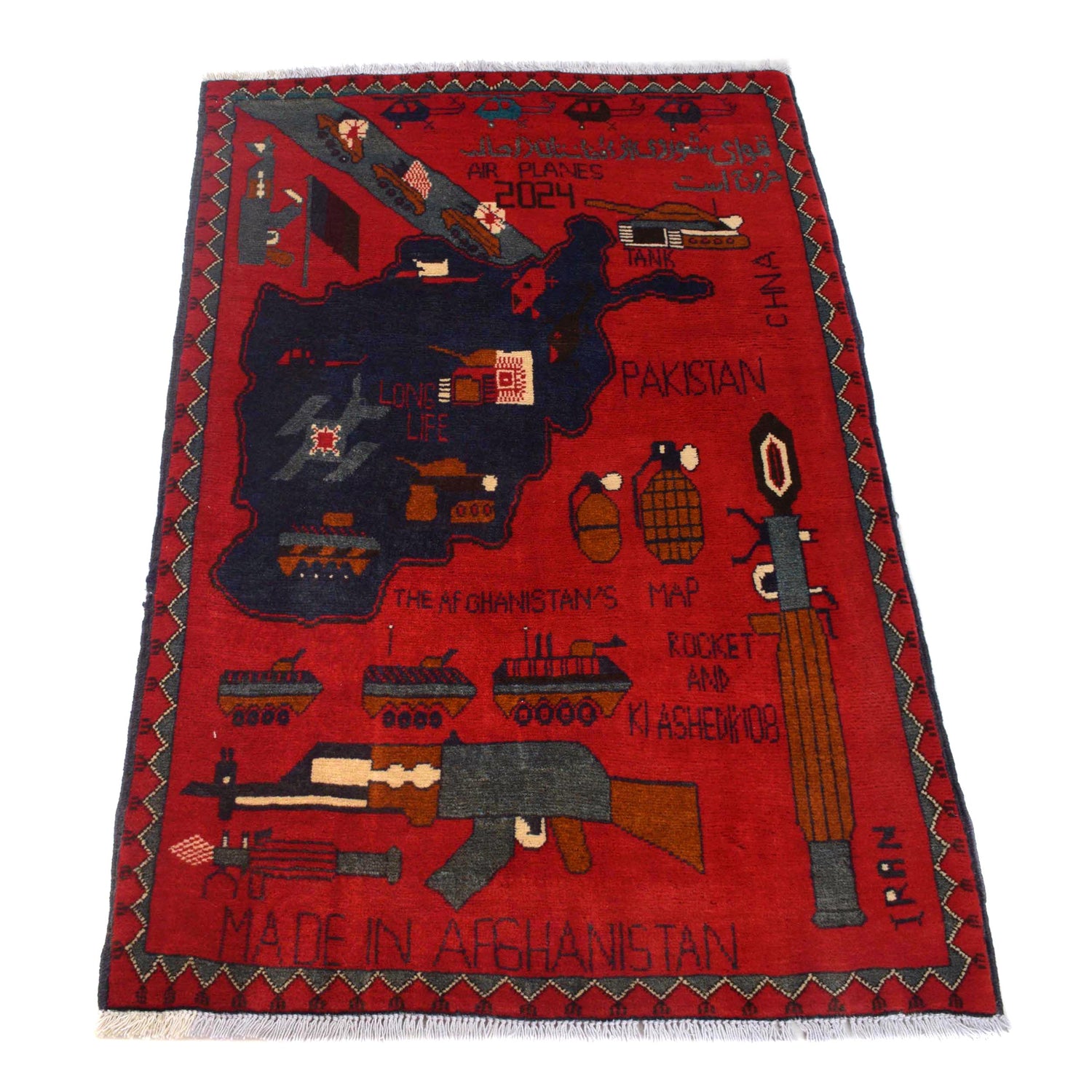 War Area Rug Handmade Red Riffle + Map 2x4 ft