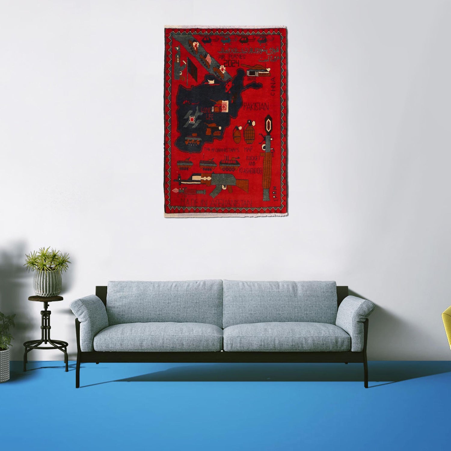 War Area Rug Handmade Red Riffle + Map 2x4 ft